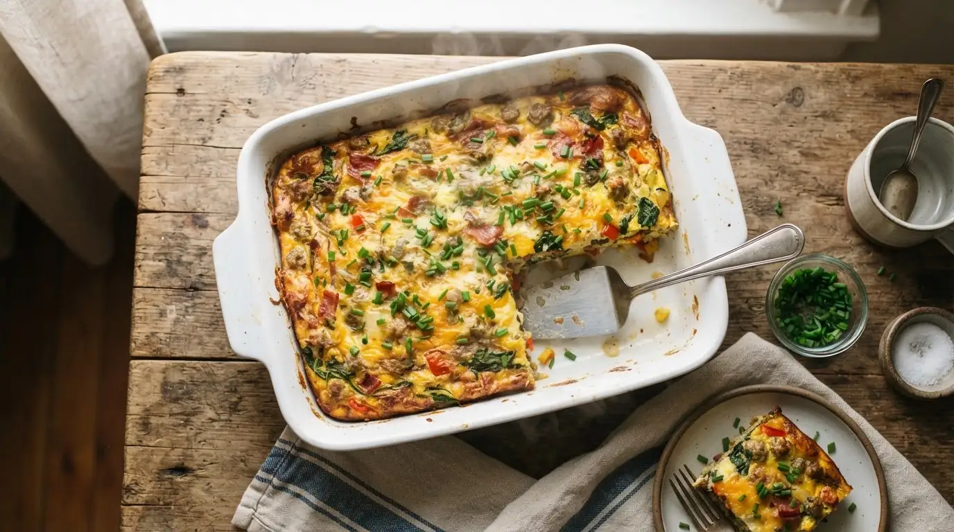 Golden-brown egg casserole with melted cheese and green chives in a white baking dish on wood.