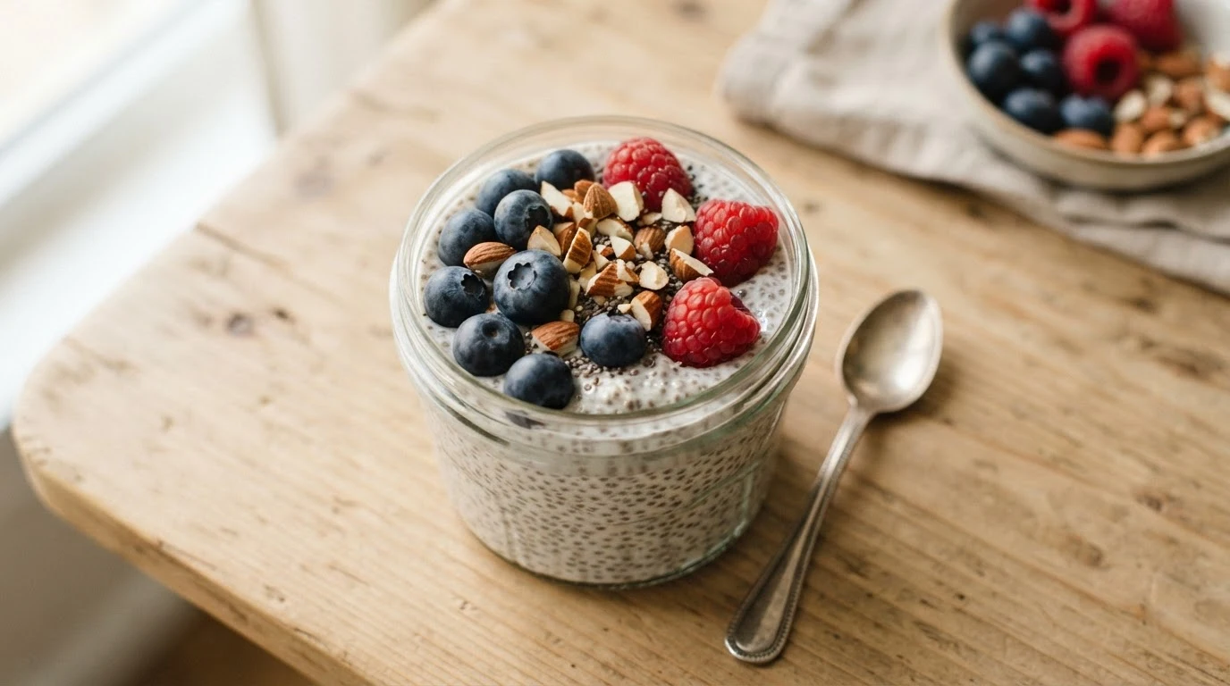 Creamy chia pudding in a glass jar, topped with fresh blueberries, raspberries, and chopped almonds on a wooden table.