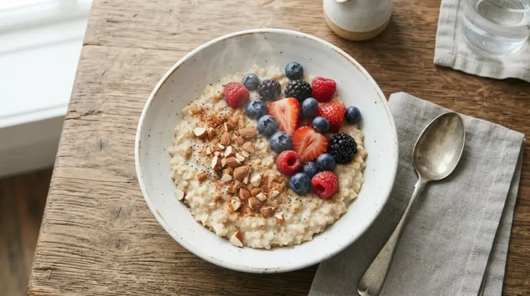 Creamy steel-cut oatmeal topped with colorful mixed berries and crunchy almonds in a white bowl.