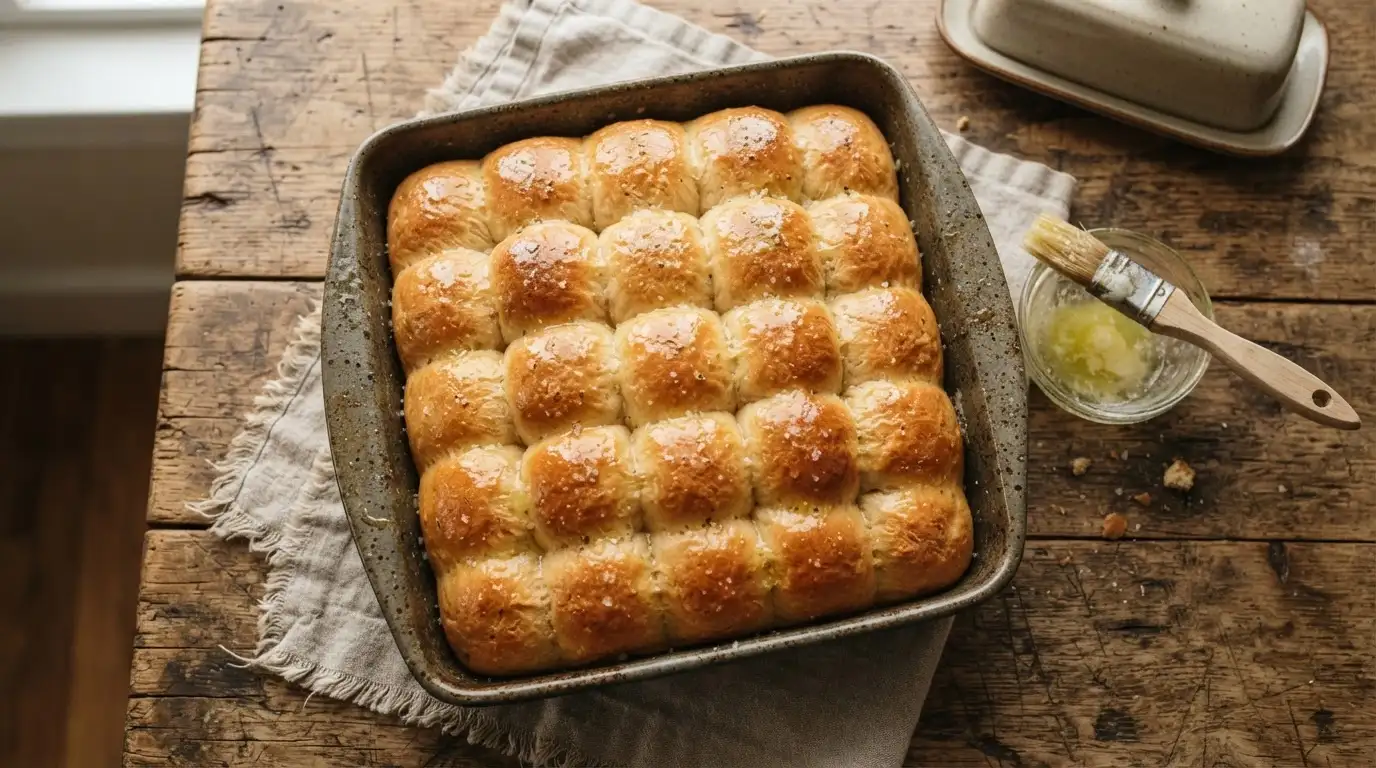 Golden-brown keto Hawaiian milk bread rolls in a square pan, brushed with butter, on a wooden surface.