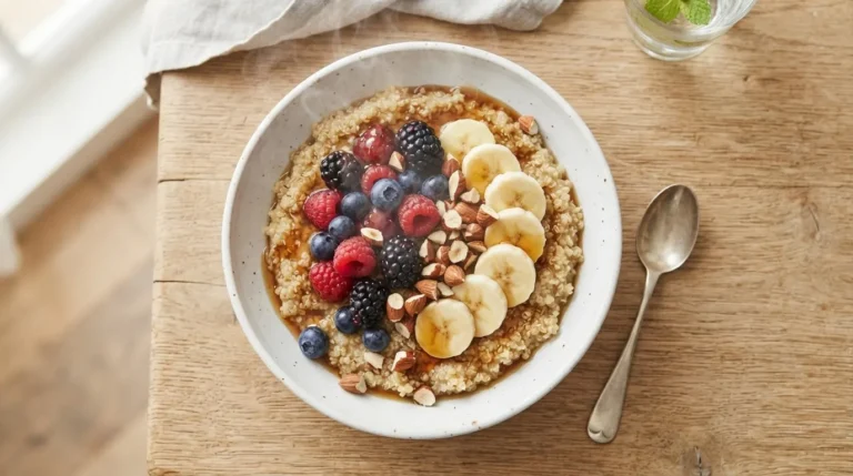 White ceramic bowl filled with warm quinoa, topped with vibrant red and blue berries, yellow banana slices, and crunchy almonds, drizzled with maple syrup.