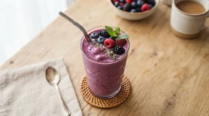Vibrant purple smoothie in a tall glass, garnished with berries and chia seeds on a wooden table.