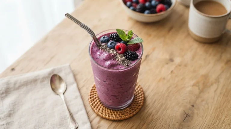 Vibrant purple smoothie in a tall glass, garnished with berries and chia seeds on a wooden table.