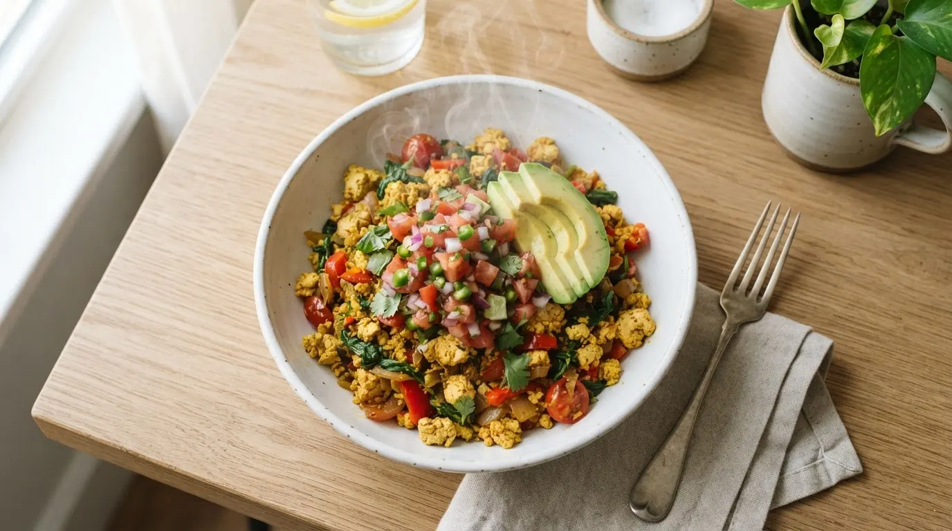Savory tofu scramble with quinoa, black beans, bell peppers, spinach, topped with red salsa and green avocado slices in a white bowl.