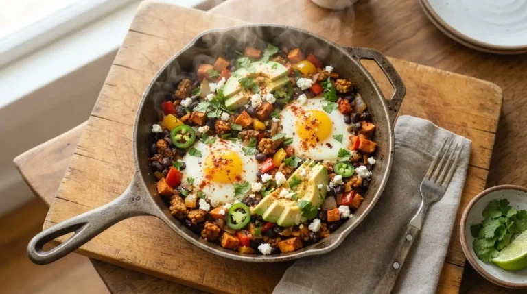 Hearty vegetarian breakfast skillet with tofu scramble, black beans, bell peppers, and spinach in a cast iron pan.