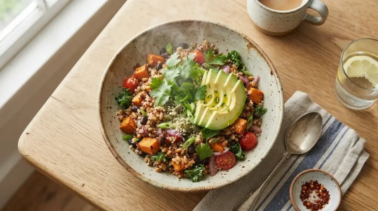 Colorful quinoa and vegetable breakfast bowl with a perfectly poached egg, avocado, and seeds in a ceramic bowl.