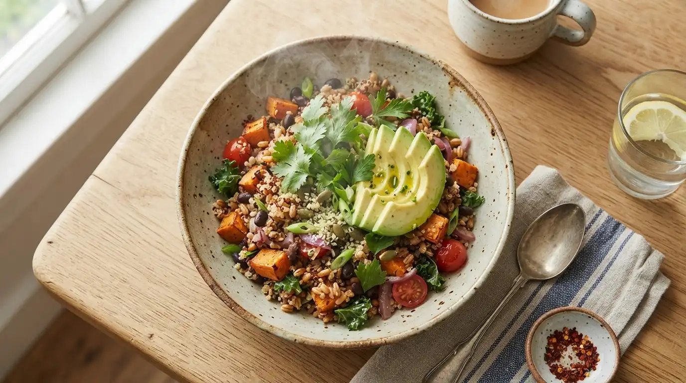 Colorful quinoa and vegetable breakfast bowl with a perfectly poached egg, avocado, and seeds in a ceramic bowl.