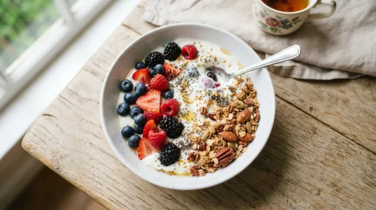 Creamy white Greek yogurt bowl topped with red and blue mixed berries, golden granola, and black chia seeds in a white bowl.