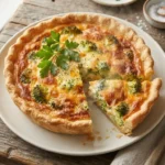 Golden-brown broccoli cheddar quiche slice on a white plate, showing creamy filling and flaky crust.