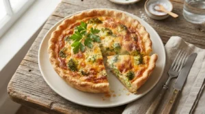 Golden-brown broccoli cheddar quiche slice on a white plate, showing creamy filling and flaky crust.