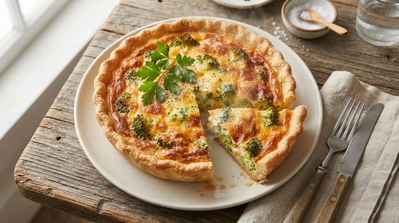Golden-brown broccoli cheddar quiche slice on a white plate, showing creamy filling and flaky crust.