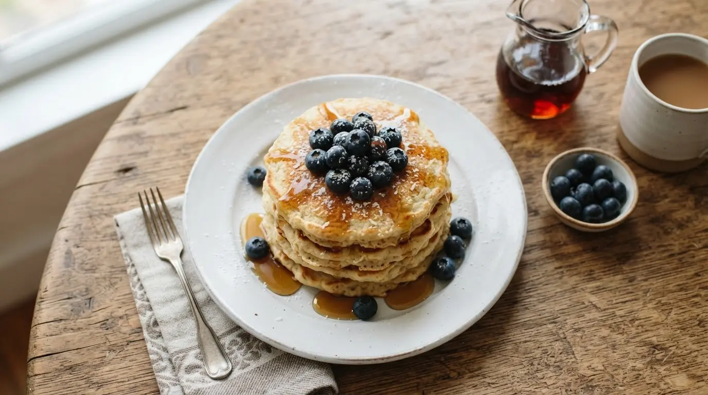 Stack of golden-brown coconut flour pancakes topped with blueberries and maple syrup on a white plate.