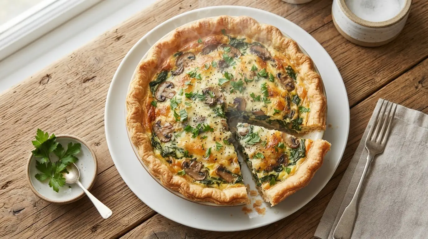 Golden-brown spinach and mushroom quiche, sliced on a white plate with fresh parsley garnish.