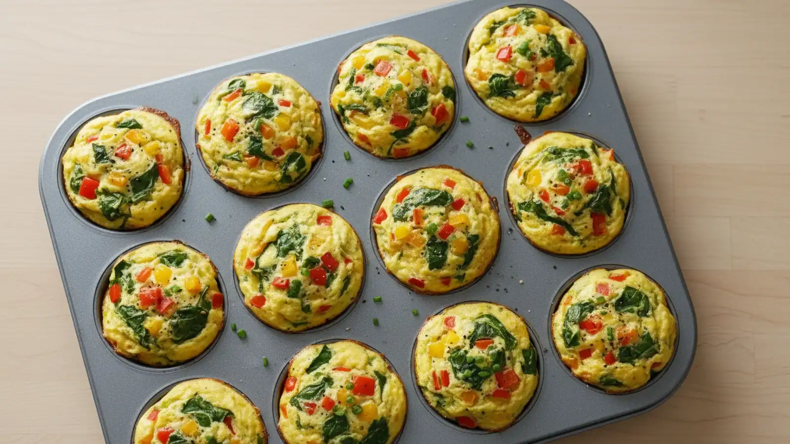 Golden-brown mini frittatas with visible vegetables in a muffin tin on a wooden surface.