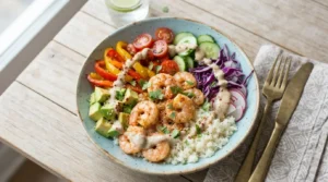 Vibrant low-carb shrimp buddha bowl with pink shrimp, avocado, bell peppers, and cauliflower rice in a blue bowl.