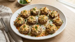 Golden-brown crab stuffed mushrooms with creamy filling and green parsley on a white platter.