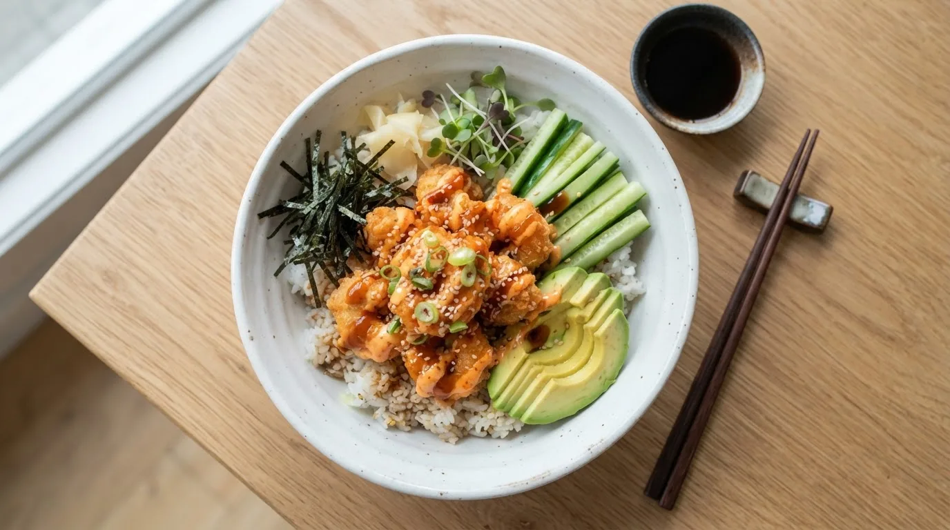 Colorful sushi bowl with spicy shrimp, green avocado, cucumber, and white rice, garnished with nori and sesame seeds.