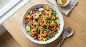 Vibrant ginger sesame shrimp salad with pink shrimp, red cabbage, cucumber, and bell pepper, garnished with sesame seeds and cilantro.