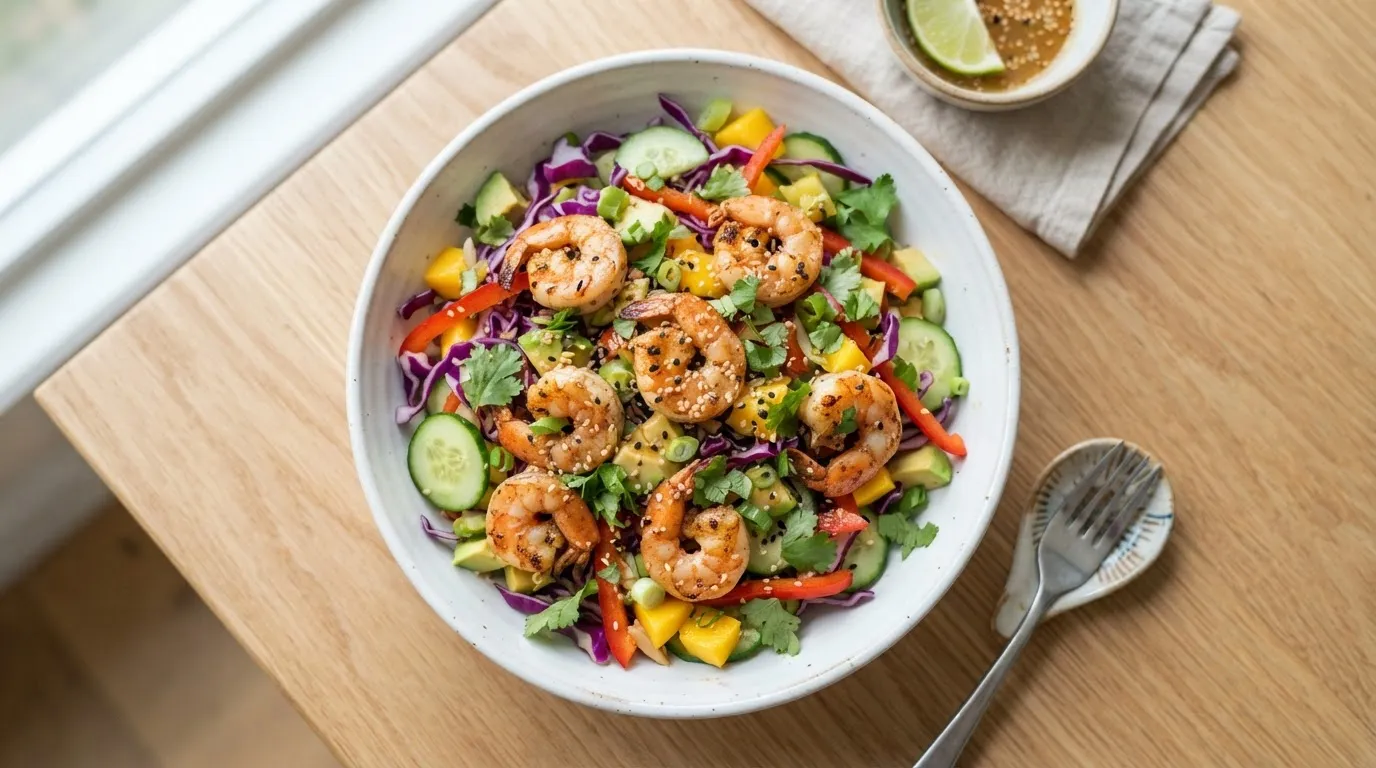 Vibrant ginger sesame shrimp salad with pink shrimp, red cabbage, cucumber, and bell pepper, garnished with sesame seeds and cilantro.