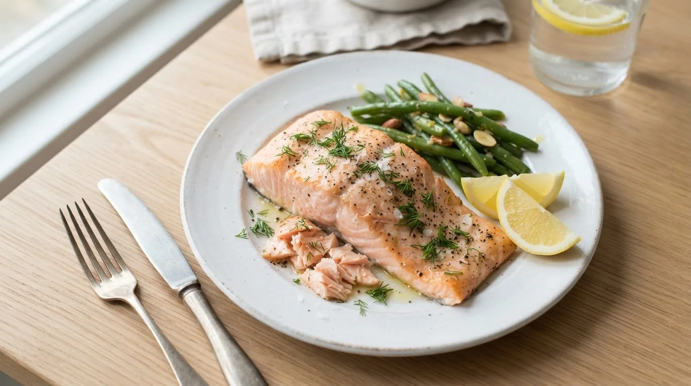 Flaky, moist Instant Pot salmon fillet on a white plate with lemon and dill garnish.