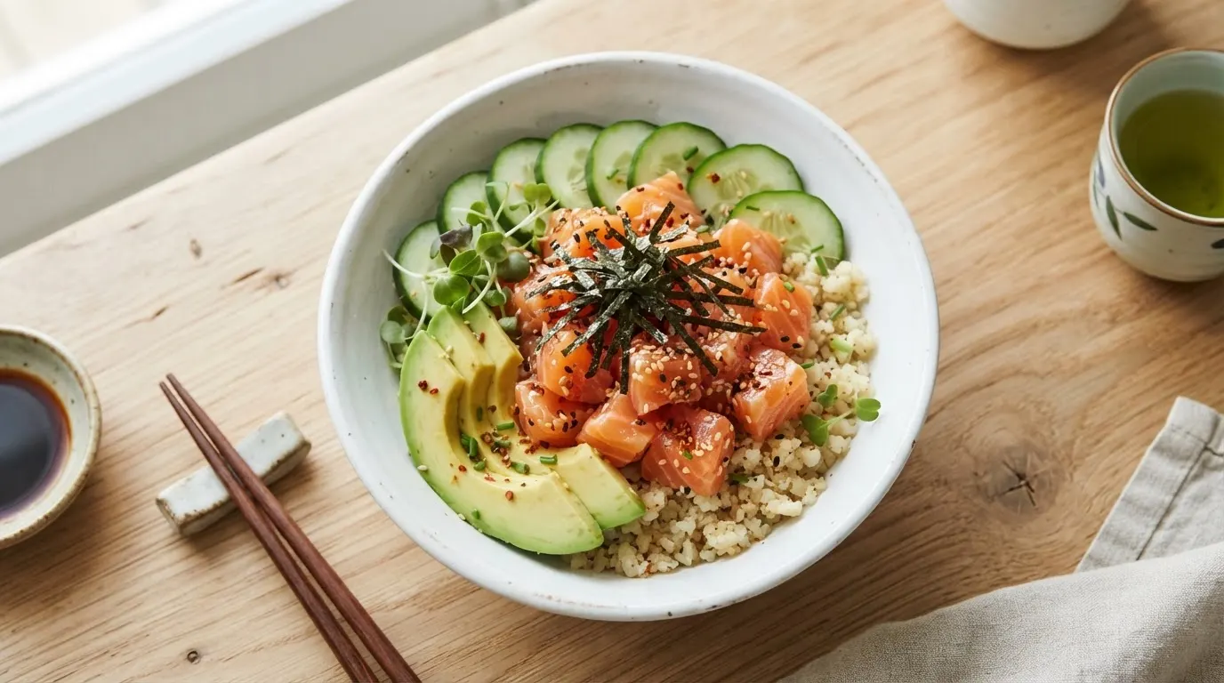 White ceramic bowl filled with seasoned cauliflower rice, pink salmon cubes, green avocado slices, and diced cucumber, topped with nori and sesame seeds.