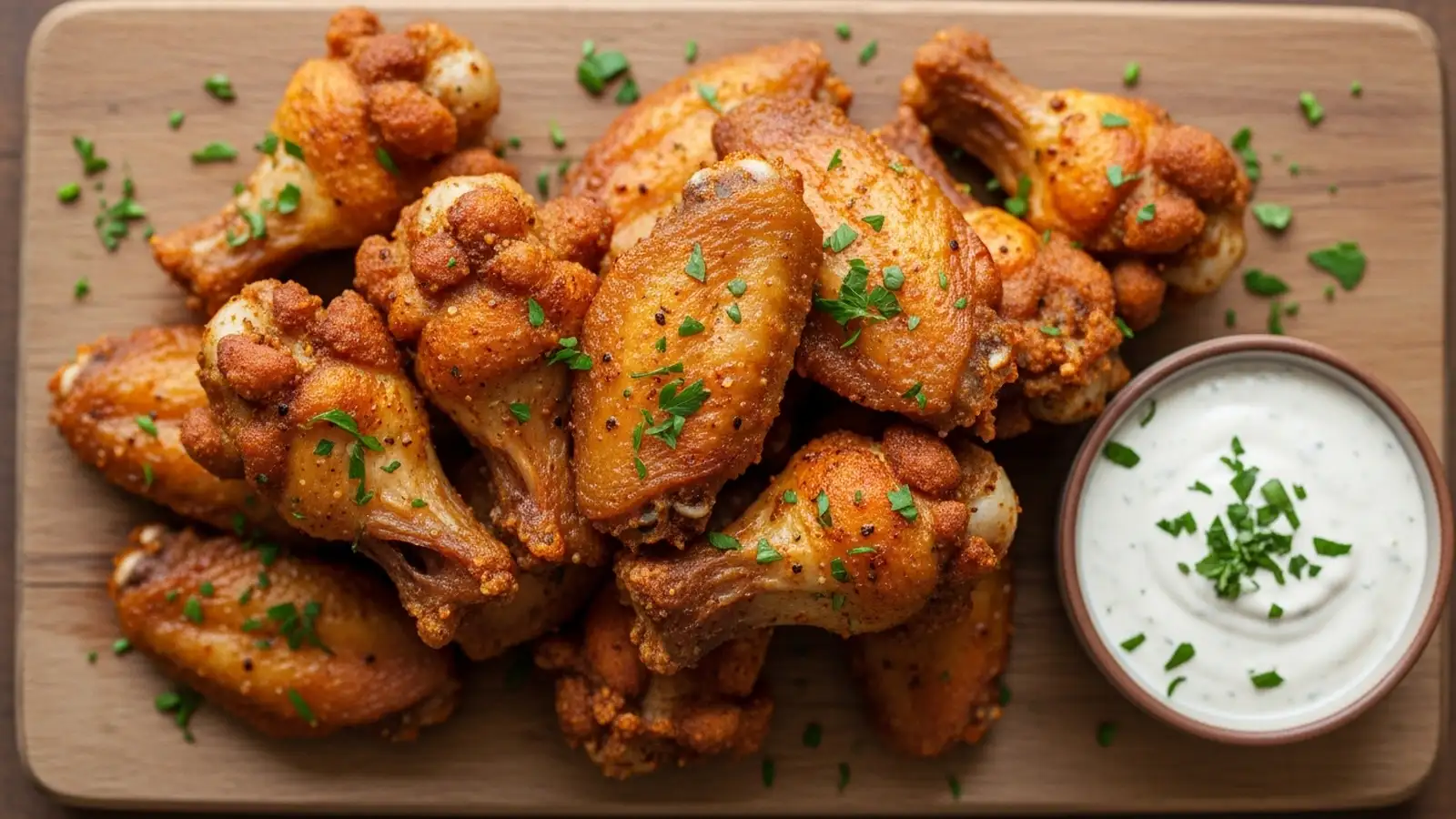 Golden-brown, crispy ranch chicken wings on a wooden board with a side of white dipping sauce and fresh parsley garnish.