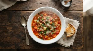Steaming red Manhattan clam chowder in a white bowl with fresh parsley on a dark wooden table.