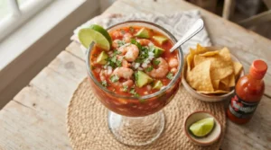 Vibrant Mexican shrimp cocktail in a clear goblet with pink shrimp, green avocado, and red onion, garnished with cilantro and lime.