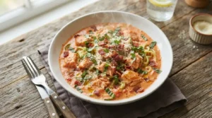 Pan-seared salmon fillets in a creamy orange-red sauce with fresh basil and crispy bacon in a white bowl.