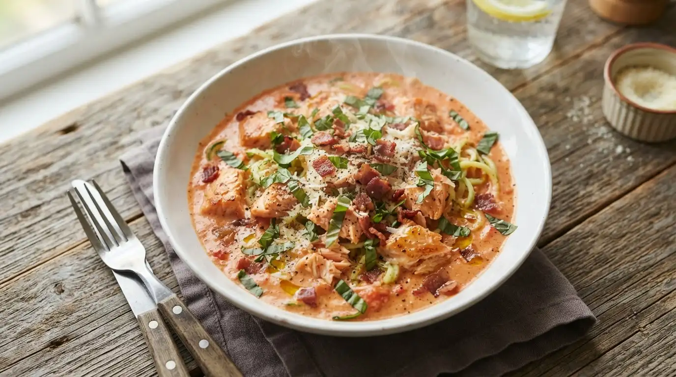 Pan-seared salmon fillets in a creamy orange-red sauce with fresh basil and crispy bacon in a white bowl.