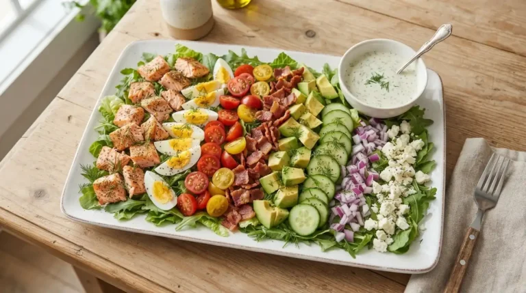 Vibrant Salmon Cobb Salad with flaky salmon, crisp bacon, avocado, eggs, and blue cheese on a white platter.