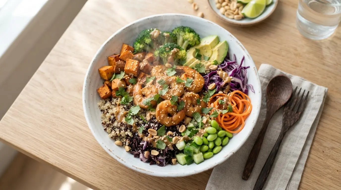 Colorful shrimp peanut buddha bowl with pink shrimp, green edamame, red bell pepper, and shredded carrots on a bed of grains.