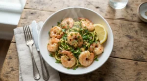 Close-up of vibrant pink shrimp coated in a glossy garlic butter sauce, garnished with green parsley in a white bowl.