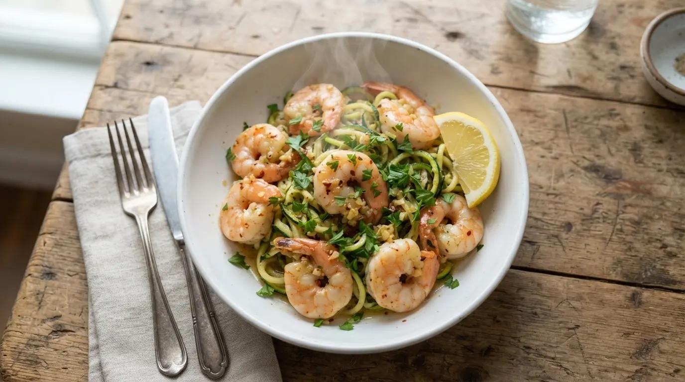 Close-up of vibrant pink shrimp coated in a glossy garlic butter sauce, garnished with green parsley in a white bowl.