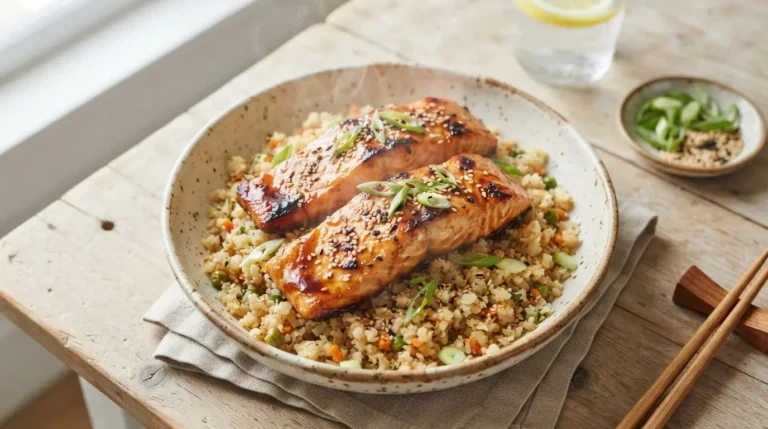 Golden-brown teriyaki salmon fillets with crispy skin, garnished with sesame seeds and green onions, served over cauliflower rice.