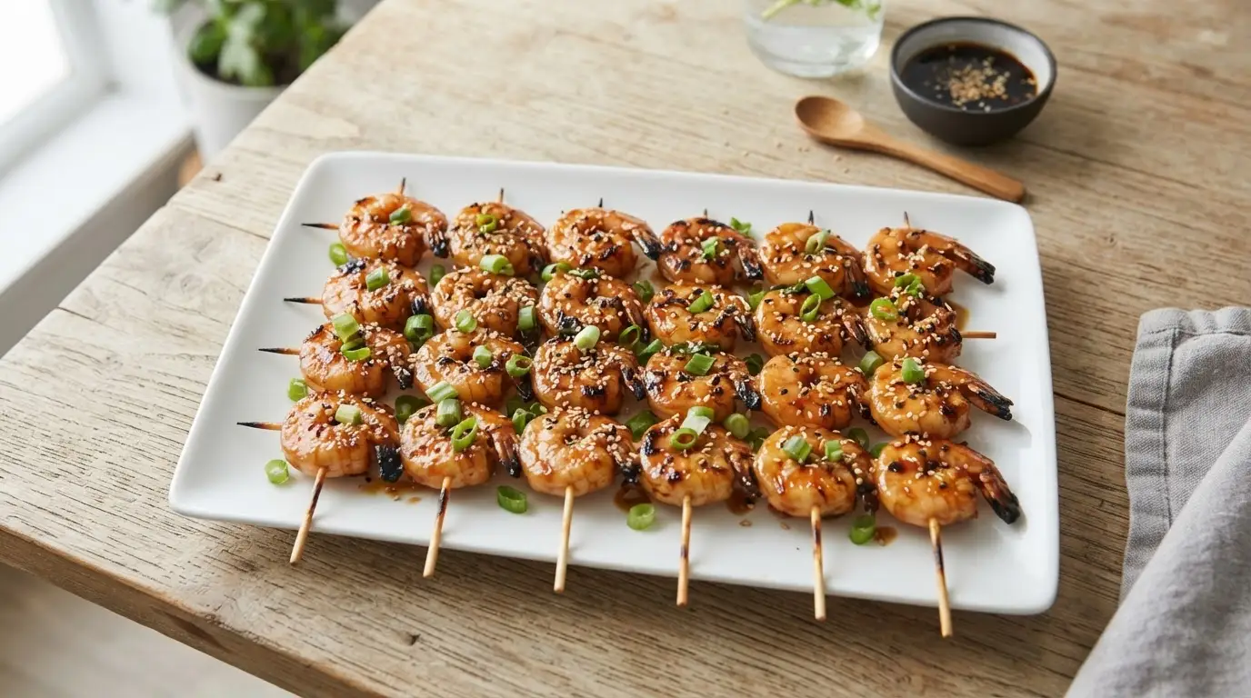 Golden-brown teriyaki shrimp skewers with green onions and sesame seeds on a white platter.