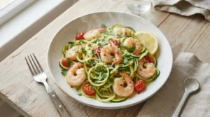 Close-up of vibrant zucchini noodles and pink shrimp coated in a glossy garlic-lemon sauce, garnished with green parsley.