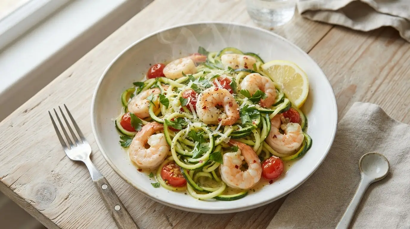 Close-up of vibrant zucchini noodles and pink shrimp coated in a glossy garlic-lemon sauce, garnished with green parsley.