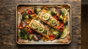 Golden-brown salmon fillets with vibrant roasted vegetables and fresh herbs on a parchment-lined sheet pan.