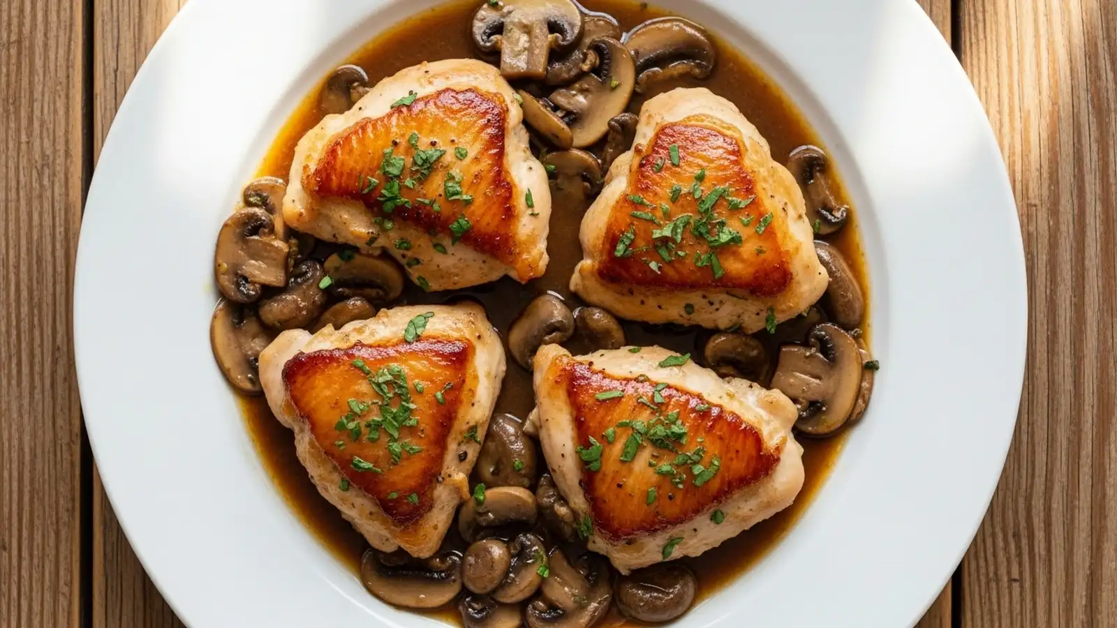 Golden-brown chicken pieces, caramelized mushrooms, and vibrant red and green bell peppers in a cast iron skillet, garnished with fresh parsley.