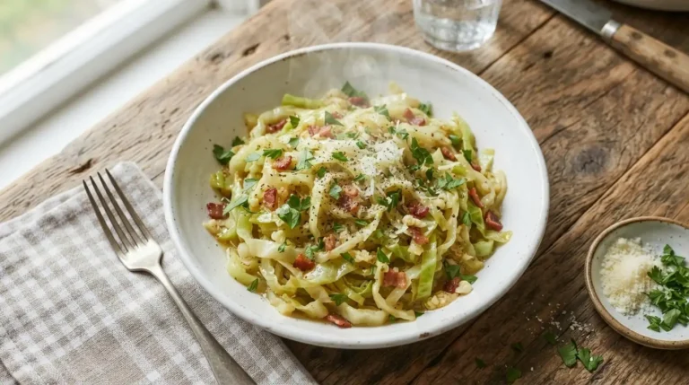 Steaming keto cabbage noodles with garlic butter and Parmesan in a white bowl, garnished with fresh parsley on a wooden table.