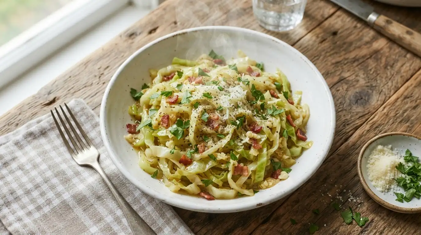 Steaming keto cabbage noodles with garlic butter and Parmesan in a white bowl, garnished with fresh parsley on a wooden table.