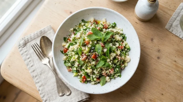 Vibrant cauliflower tabbouleh salad with green herbs, red tomatoes, and white cauliflower in a white bowl.