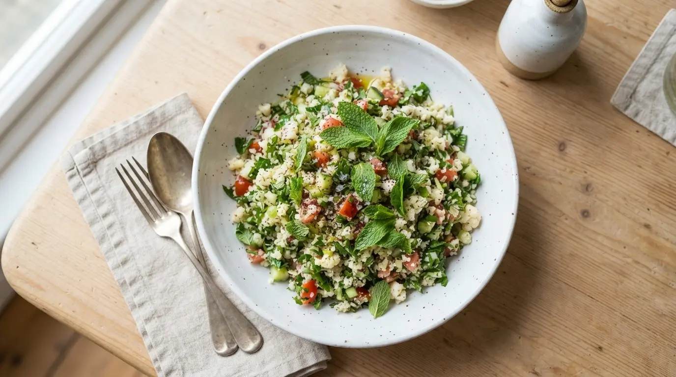 Vibrant cauliflower tabbouleh salad with green herbs, red tomatoes, and white cauliflower in a white bowl.
