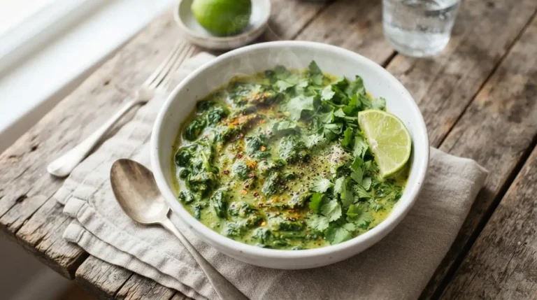 Vibrant green creamed spinach with a rich curry sauce in a white bowl, garnished with cilantro and lime.