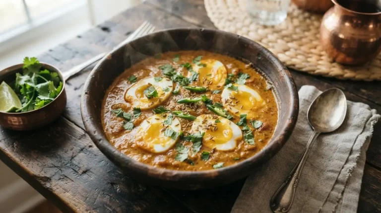 Creamy yellow Indian egg curry with hard-boiled eggs and green cilantro in a rustic bowl.