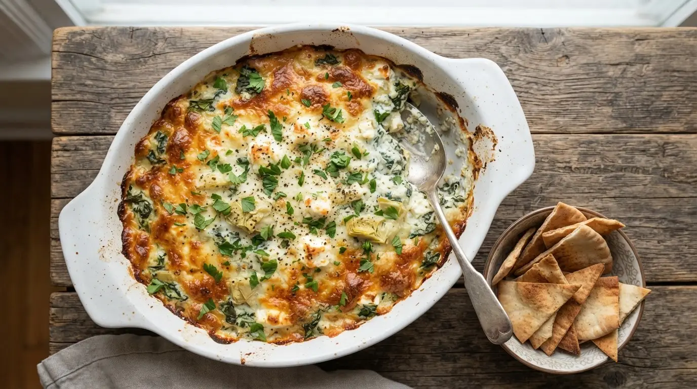 Golden-brown and bubbly feta spinach artichoke dip in a white ceramic dish, garnished with fresh parsley.