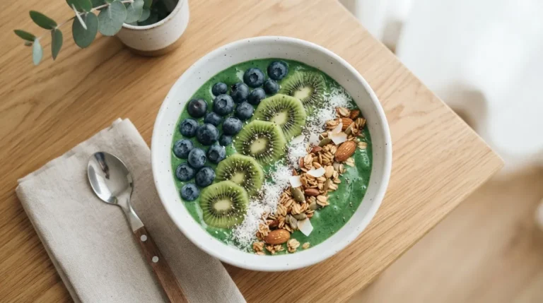 Vibrant green acai smoothie bowl topped with fresh blueberries, kiwi, granola, and coconut flakes in a white bowl.