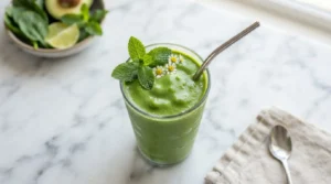 Vibrant green smoothie in a clear glass with a mint garnish on a marble surface.