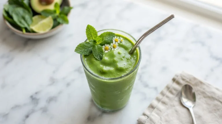 Vibrant green smoothie in a clear glass with a mint garnish on a marble surface.